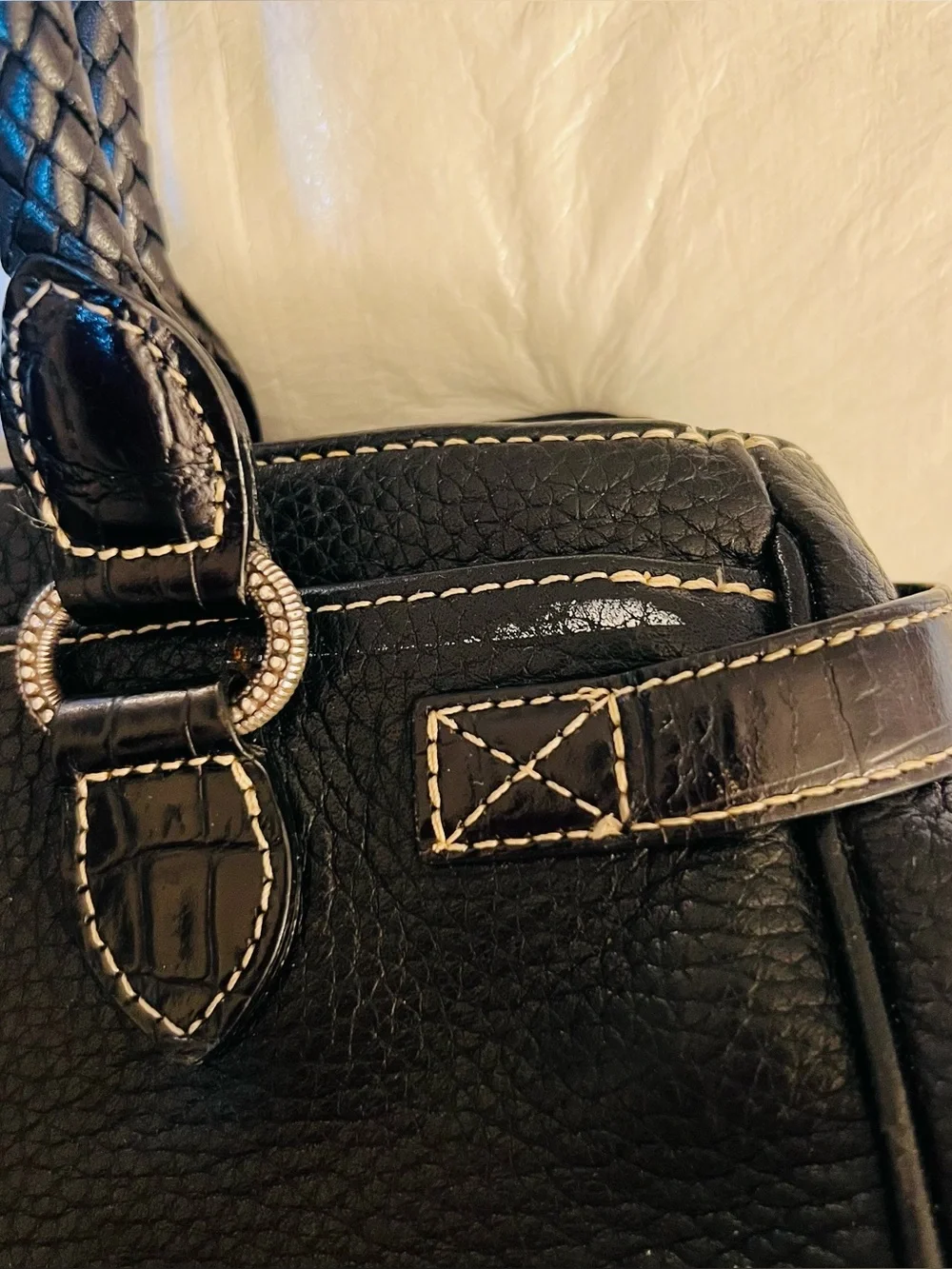 Brighton Black Pebbled Satchel Double Handles Zip Heart Charm Inner Pockets*